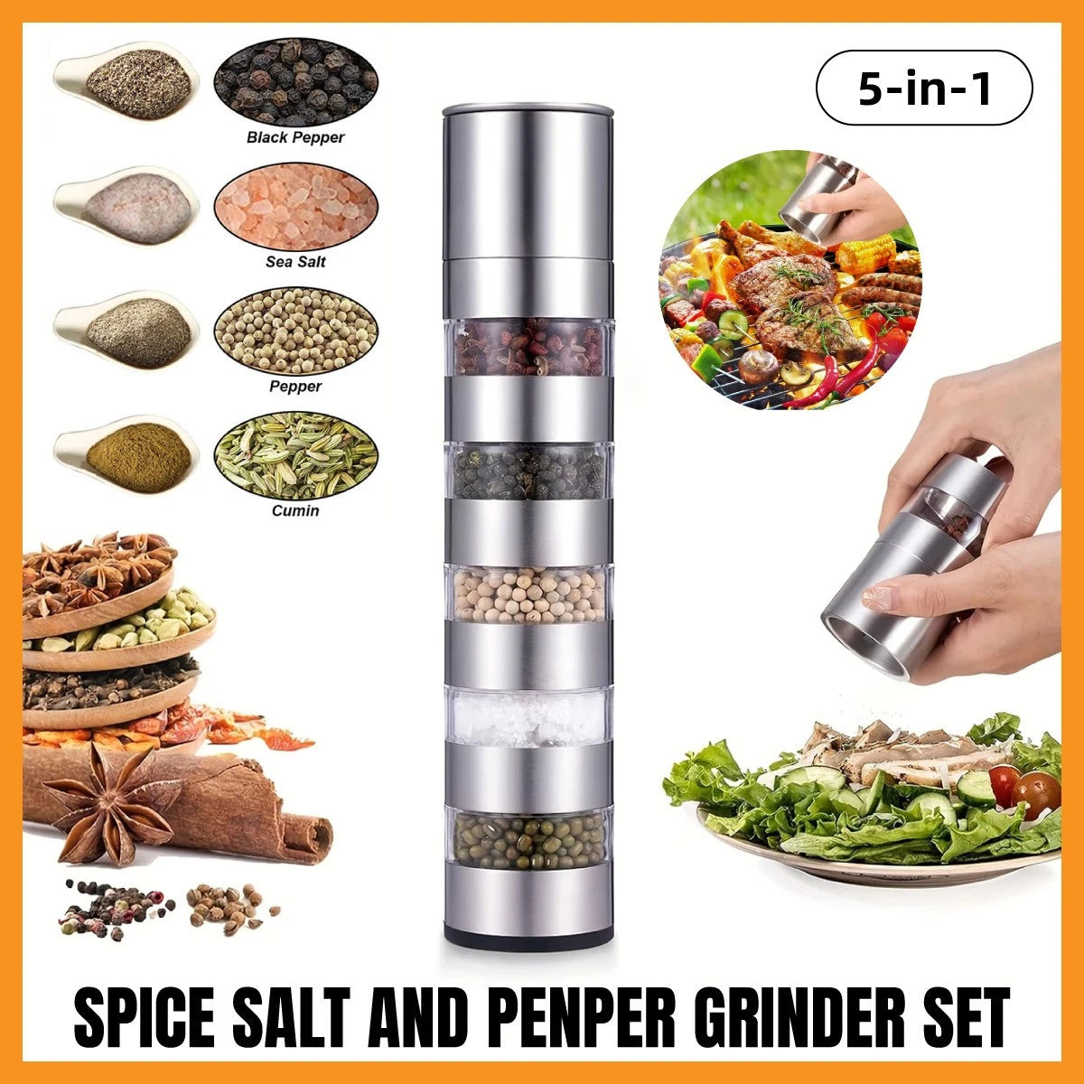 5 in 1 Stainless Steel Salt and Pepper Grinder Manual Spice Mill Kitchen Cooking