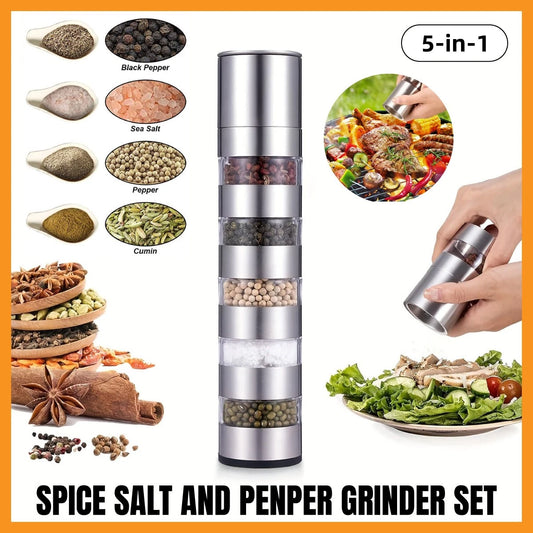5 in 1 Stainless Steel Salt and Pepper Grinder Manual Spice Mill Kitchen Cooking