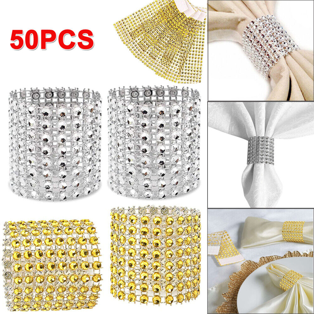 50PCS Diamond Napkin Rings Chairs Buckles Holder Rhinestone Wedding Table Decor