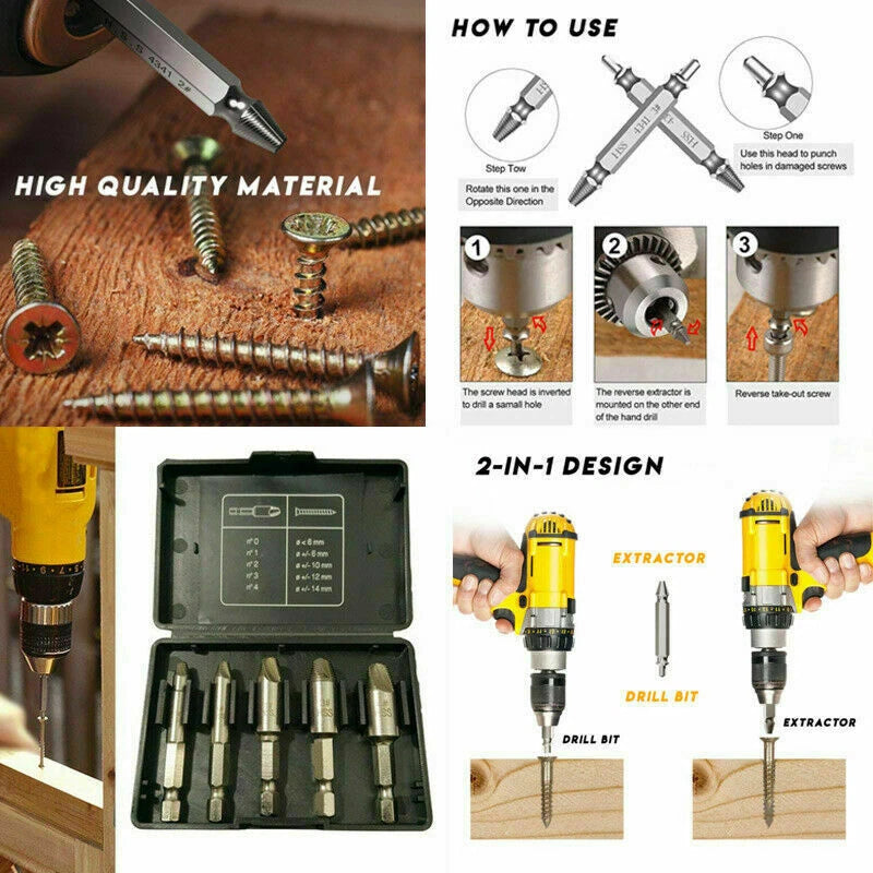 5pc Damaged Broken Stripped Screw Drill Bit Tool Set Bolt Remover