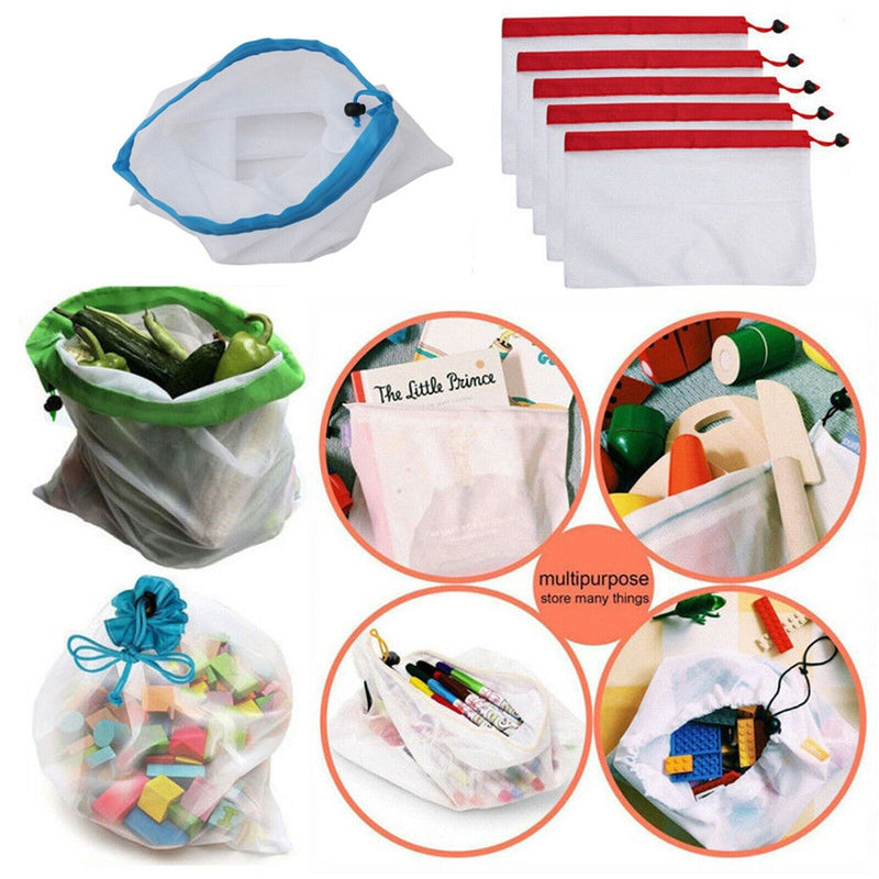 12pcs Reusable Mesh Bags Rope Vegetable Toys Storage Pouch Fruit & Grocery Bags