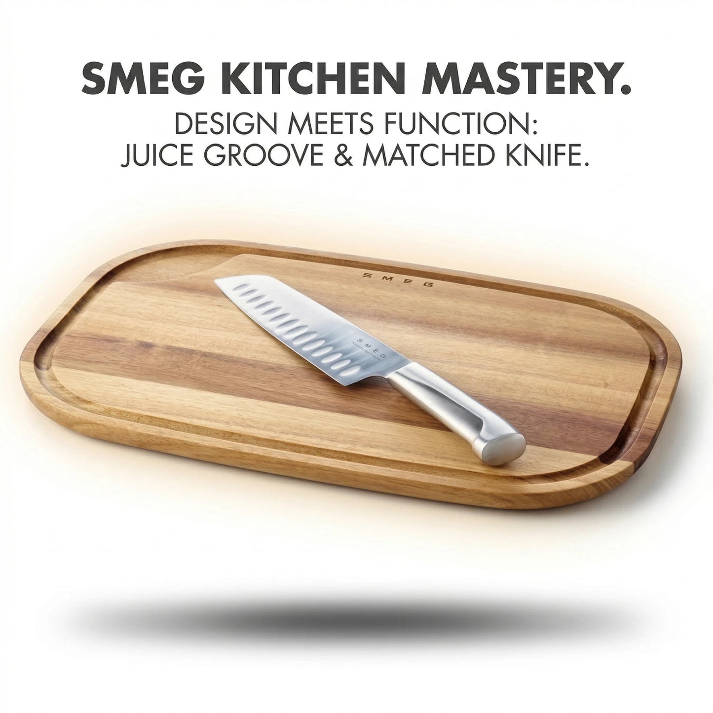 SMEG Acacia Wood Cutting Board Premium Kitchen Boards Juice Groove / Handle Slot