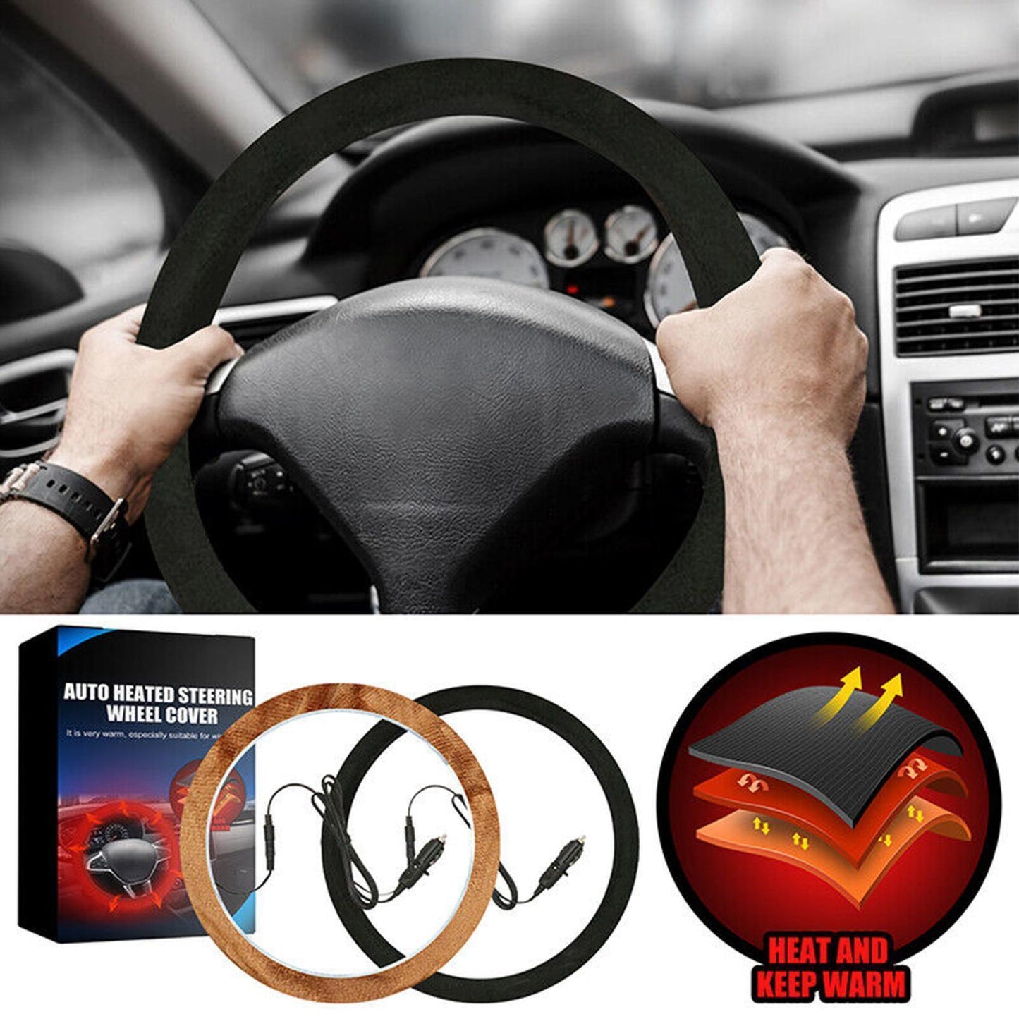 CLEARANCE- 12V Car Auto Heated Steering Wheel Cover Non-slipHeating Universal