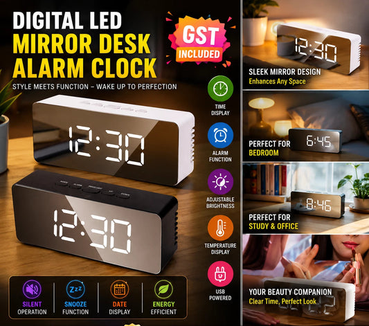 Digital Led Mirror Desk Alarm Clock Table Temperature Time Snooze Battery