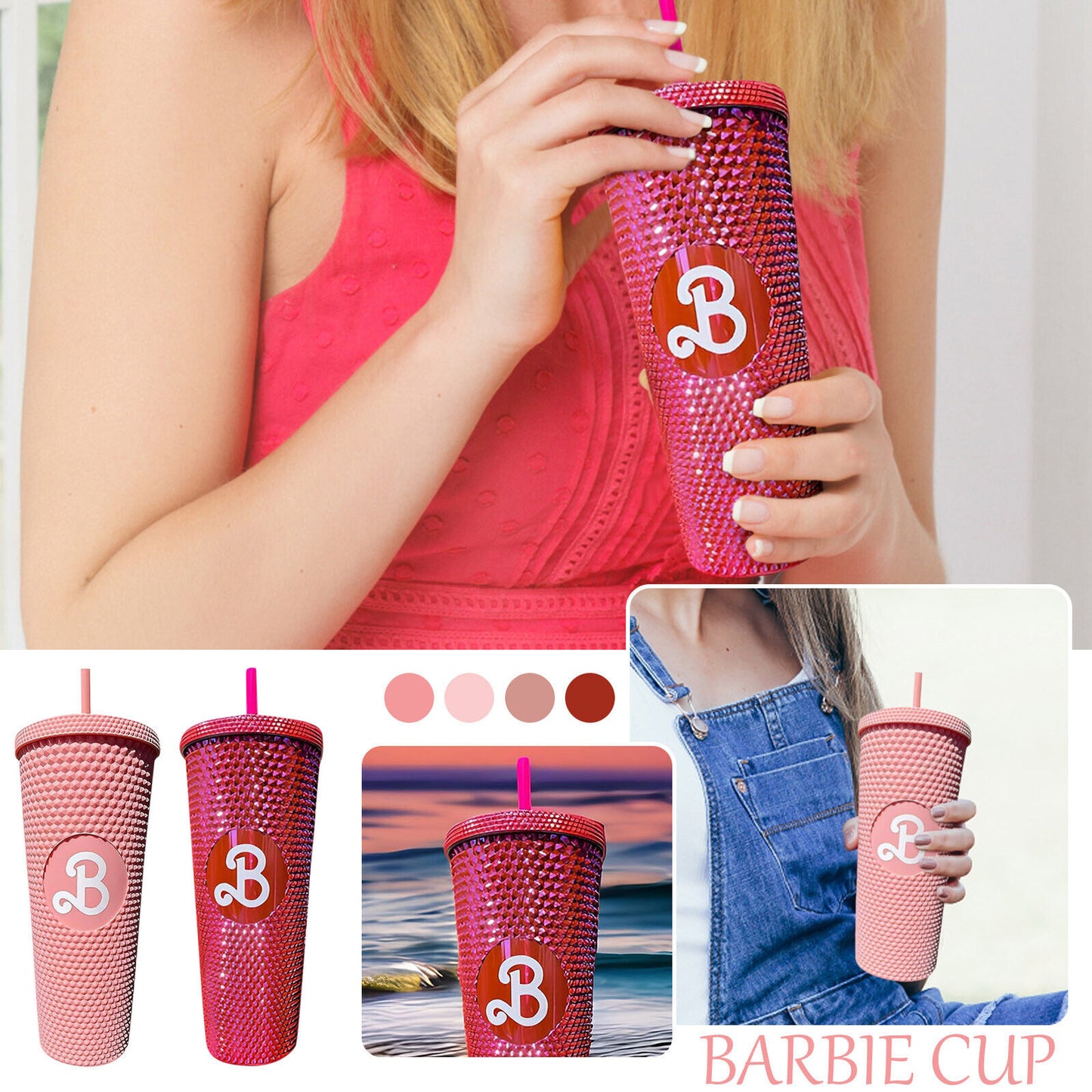 CLEARANCE- 800ML Barbie Water Bottle Pink Drink Mugs Double Wall With Straw BPA Free