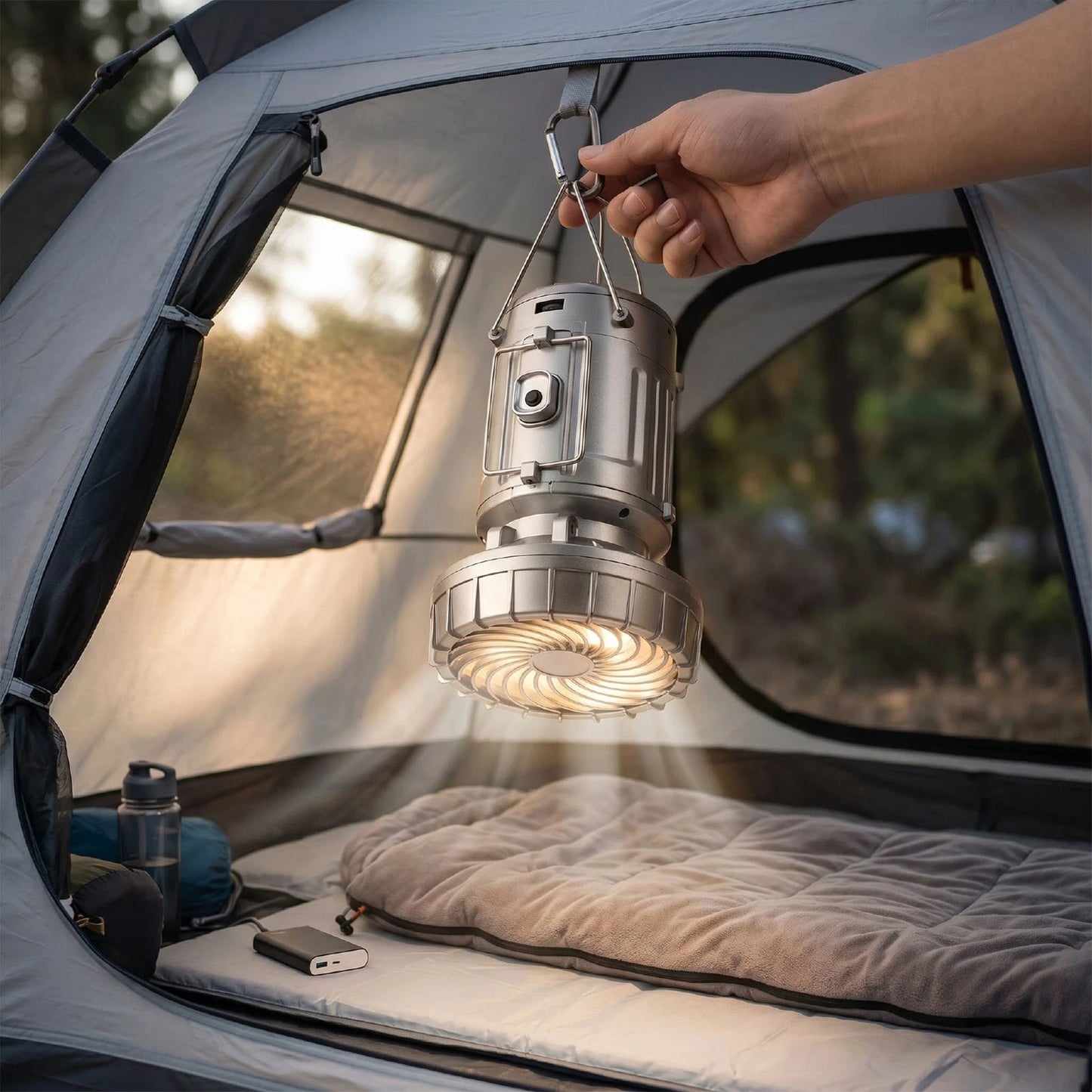 5-in-1 Portable LED Camping Lantern with Fan, Solar/USB Rechargeable Light