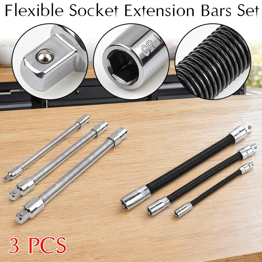 3-Piece Flexible Socket Extension Bar Set 1/2 1/4 3/8 Drive 10" 8" 6"