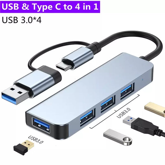 2 in 1 4 Port USB C Expander USB 3 Hub Type C Splitter Type C