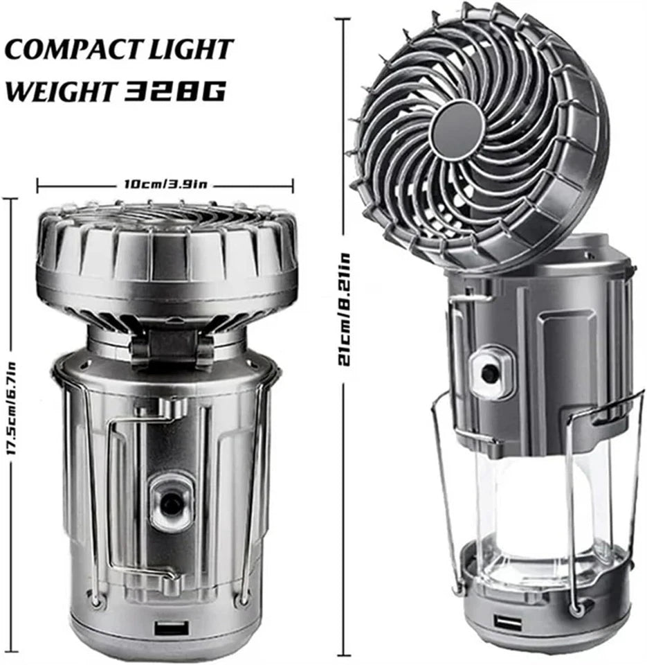 5-in-1 Portable LED Camping Lantern with Fan, Solar/USB Rechargeable Light