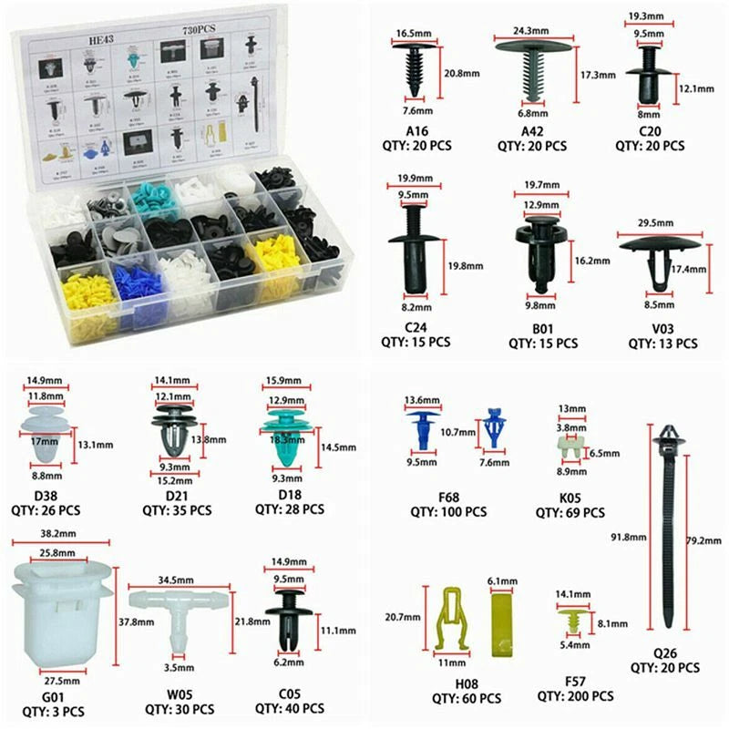 730PCS Car Body Plastic Push Pin Rivet Fasteners Trim Moulding Clip Assortments