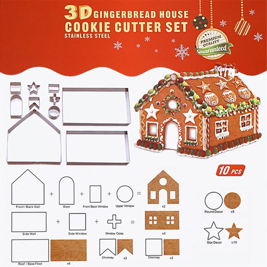 CLEARANCE- 10Pc 3D Gingerbread House Cookie Cutter Stainless Steel Christmas Biscui