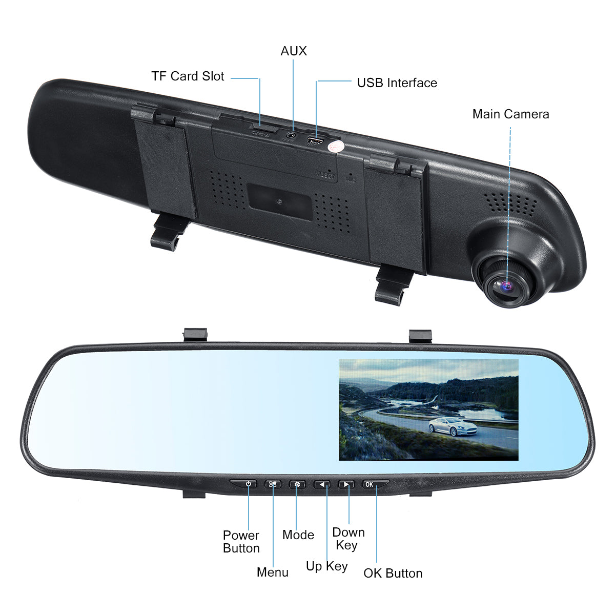 4.3"1080P Dual Lens Dash Camera Rear View Camera Car DVR Reversing Mirror Recorder