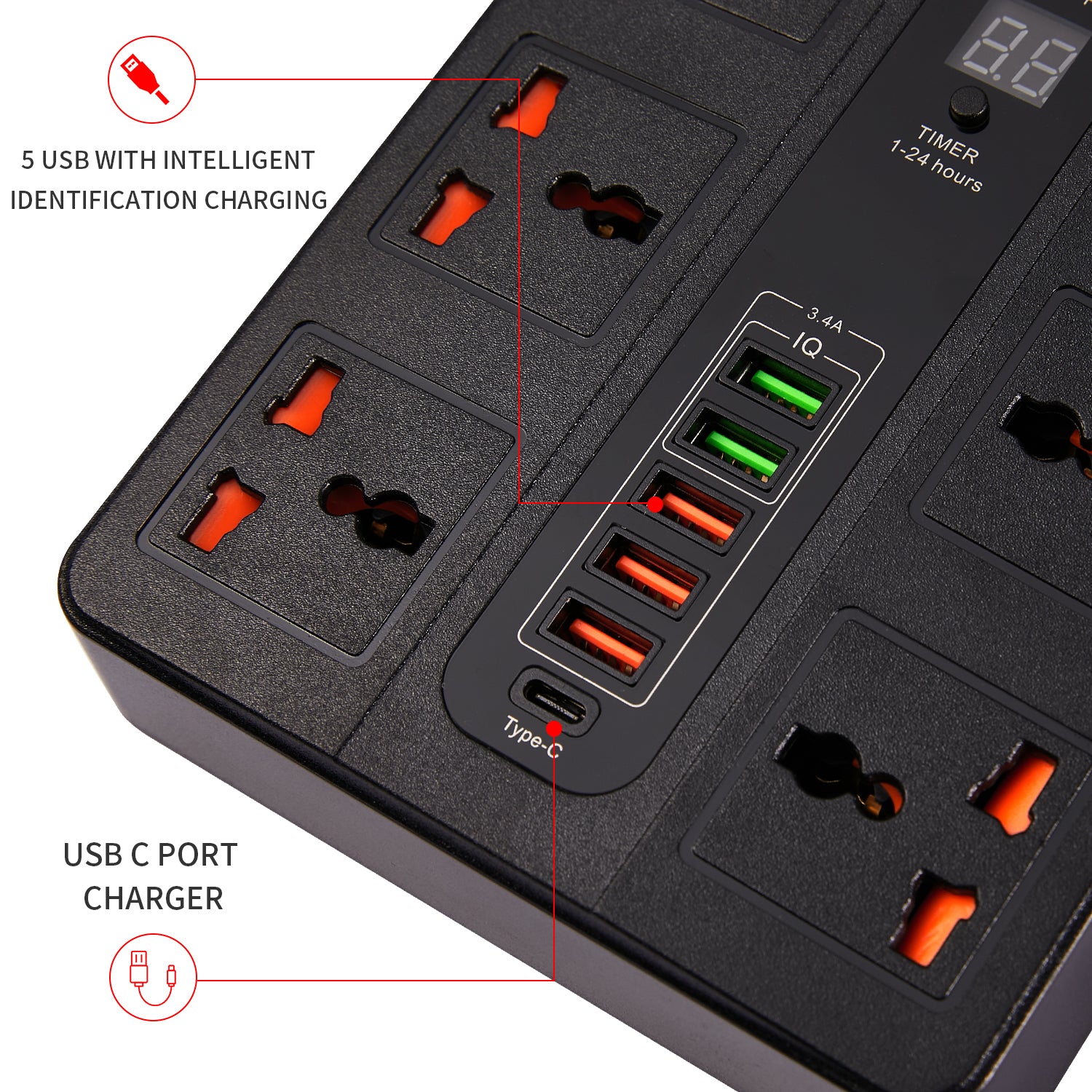 OEM Intelligent 6 Way USB A/USB Type C Charging Ports Power Board Surge Protected USB charger Power Strip