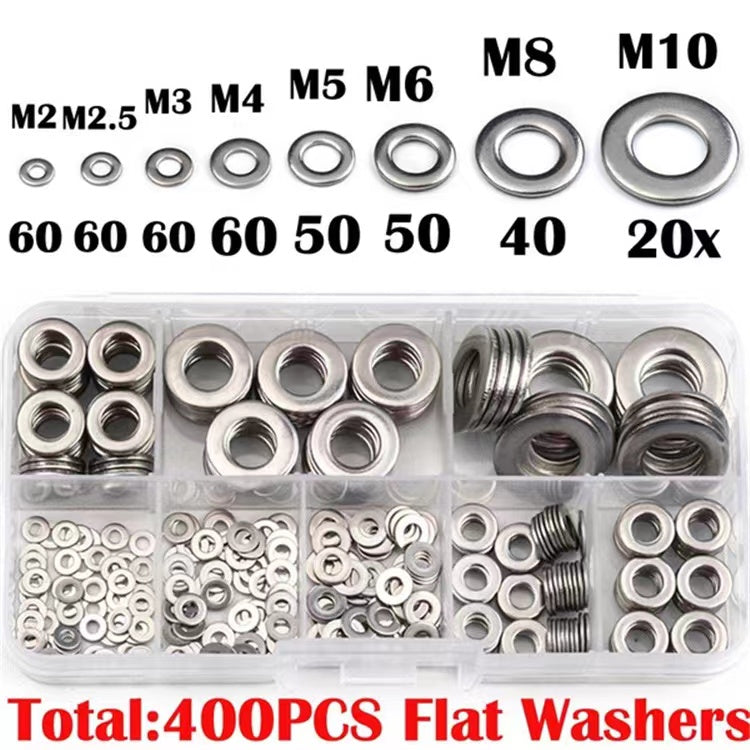 400pcs 304 Stainless Steel Flat Washer Washers Assortment Set Value Kit