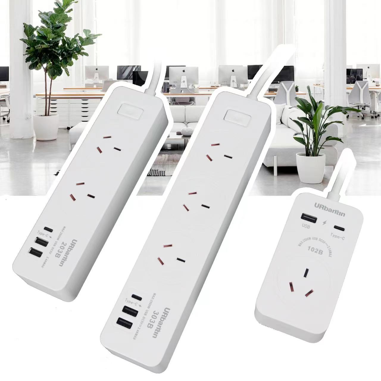 URBANTIN 3 Way Powerboard With USB A/USB Type C Charging Ports 1.8M Power