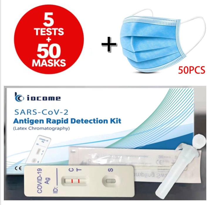 Free shipping- COVID-19 Rapid Antigen Test 5pk (Salvia) + 3 Ply Medical Disposable Face Masks 50pk