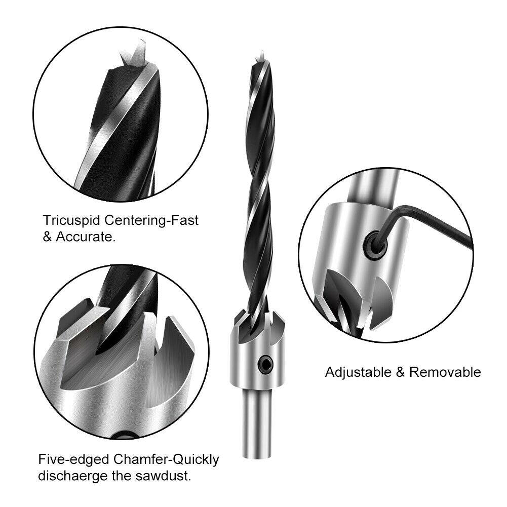 7pc Wood Countersunk Head Drill Bit Set Auger Countersink Screw Kit + 1 Hex Key
