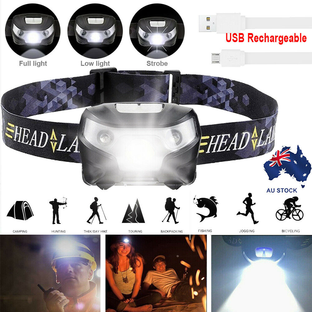 Waterproof Head Torch LED Headlamp Flashlight USB Rechargeable Camping Fish CREE