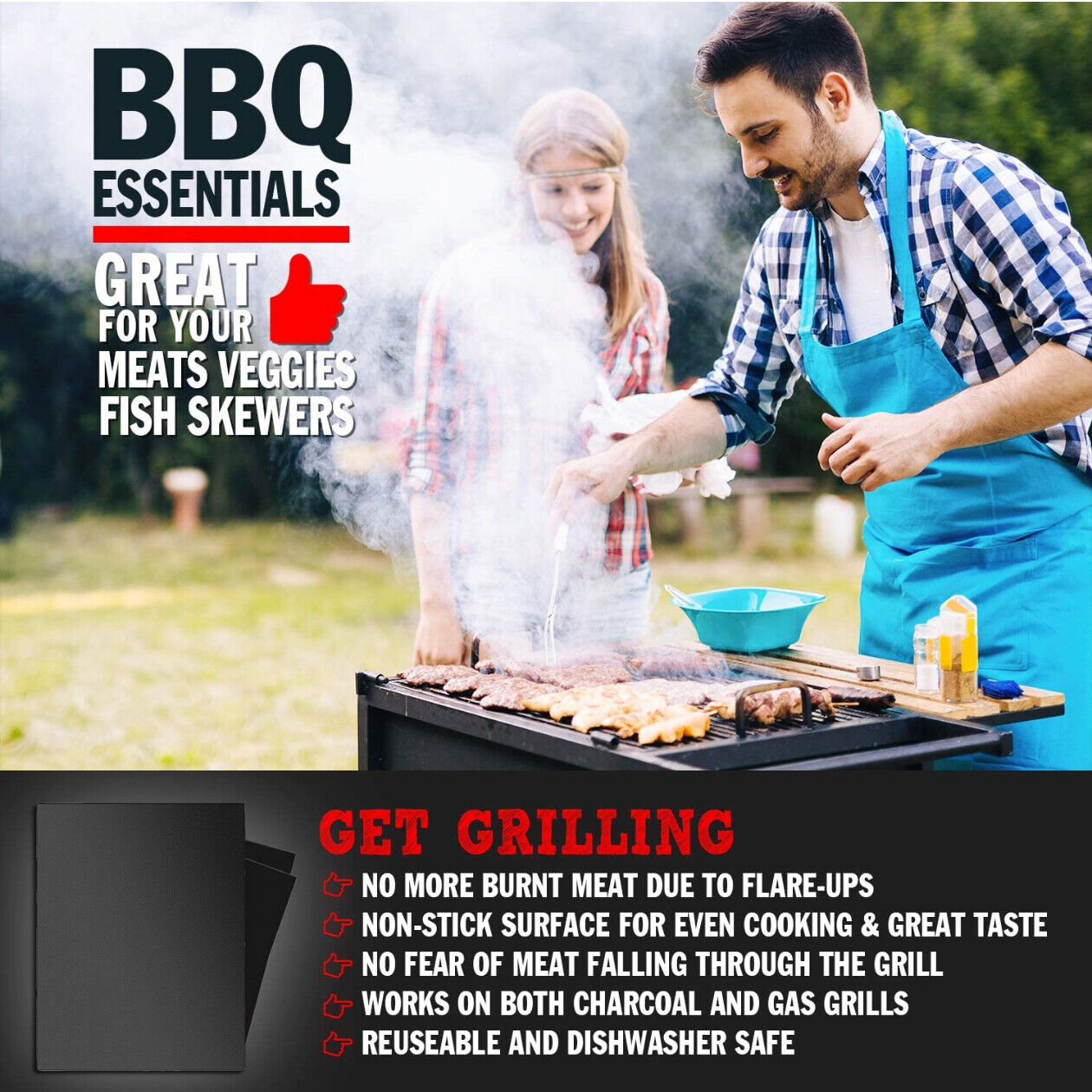 5x BBQ Grill Mats Reusable Baking Cooking Sheet Non-Stick Teflon Barbecue Pad