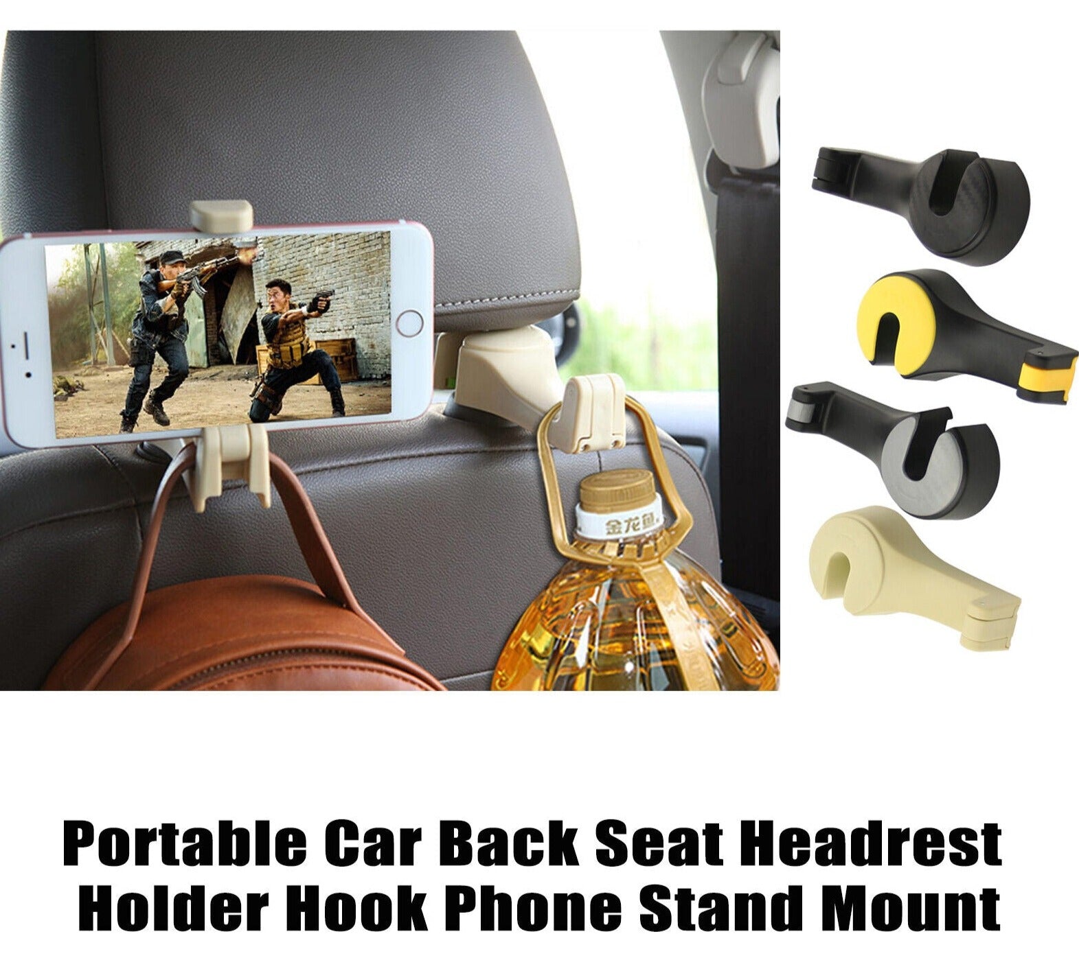 2PC Car Seat Hook With Phone Holder Hanger Headrest Auto Organizer Stand Black
