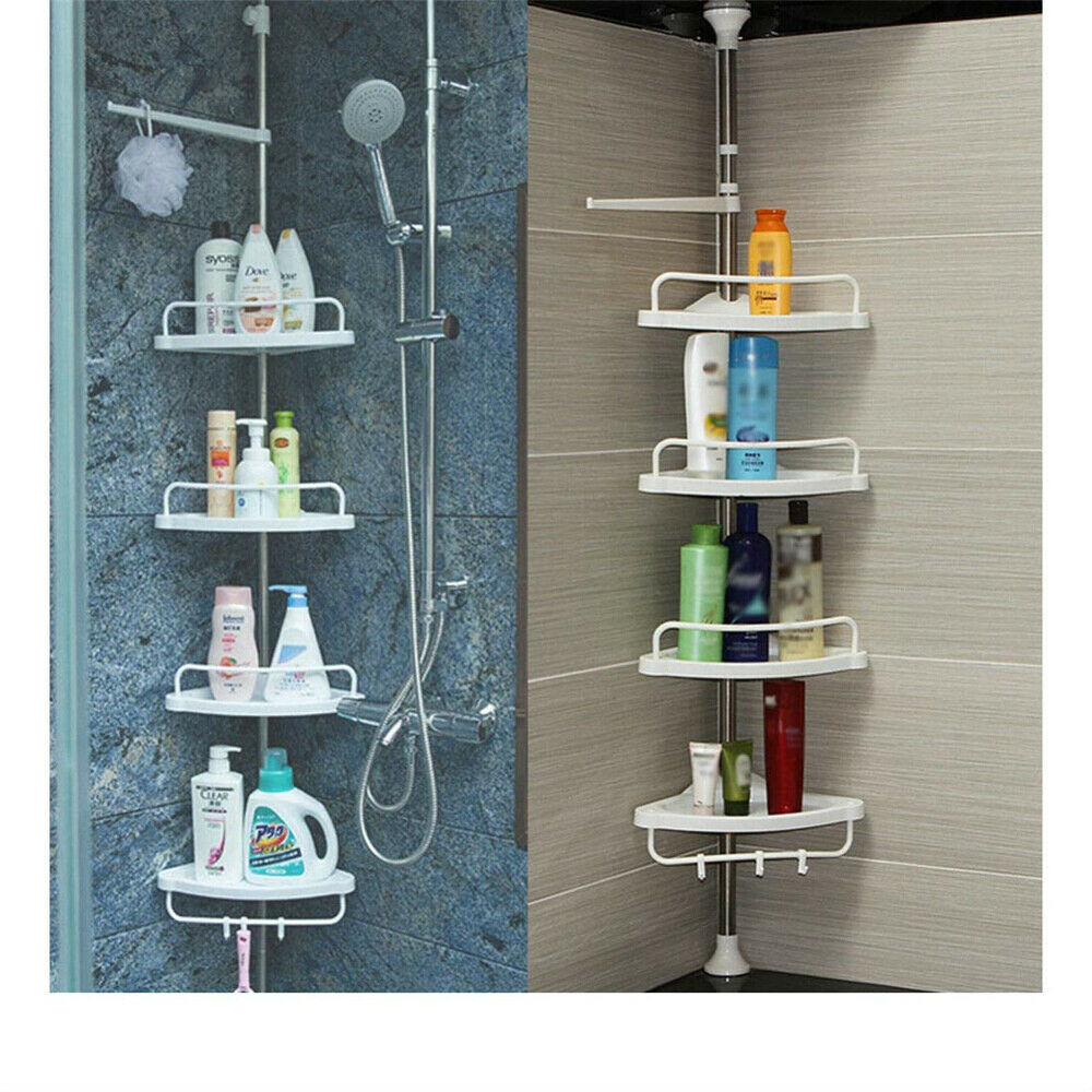 Telescopic Spring Tension Pole 4 Shelf Corner Bath Shower Rack Caddy Organiser