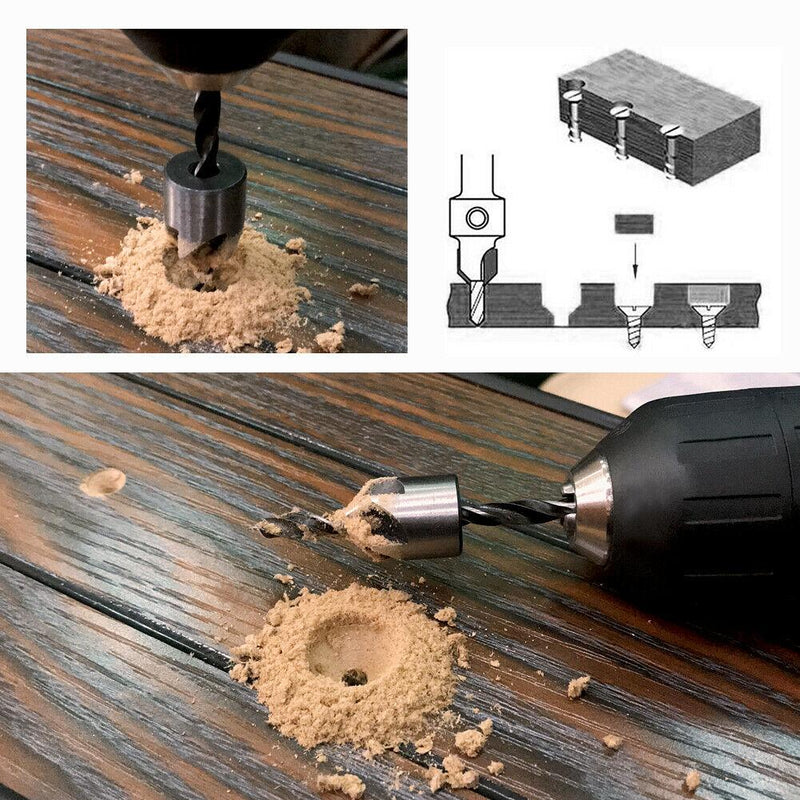 7pc Wood Countersunk Head Drill Bit Set Auger Countersink Screw Kit + 1 Hex Key