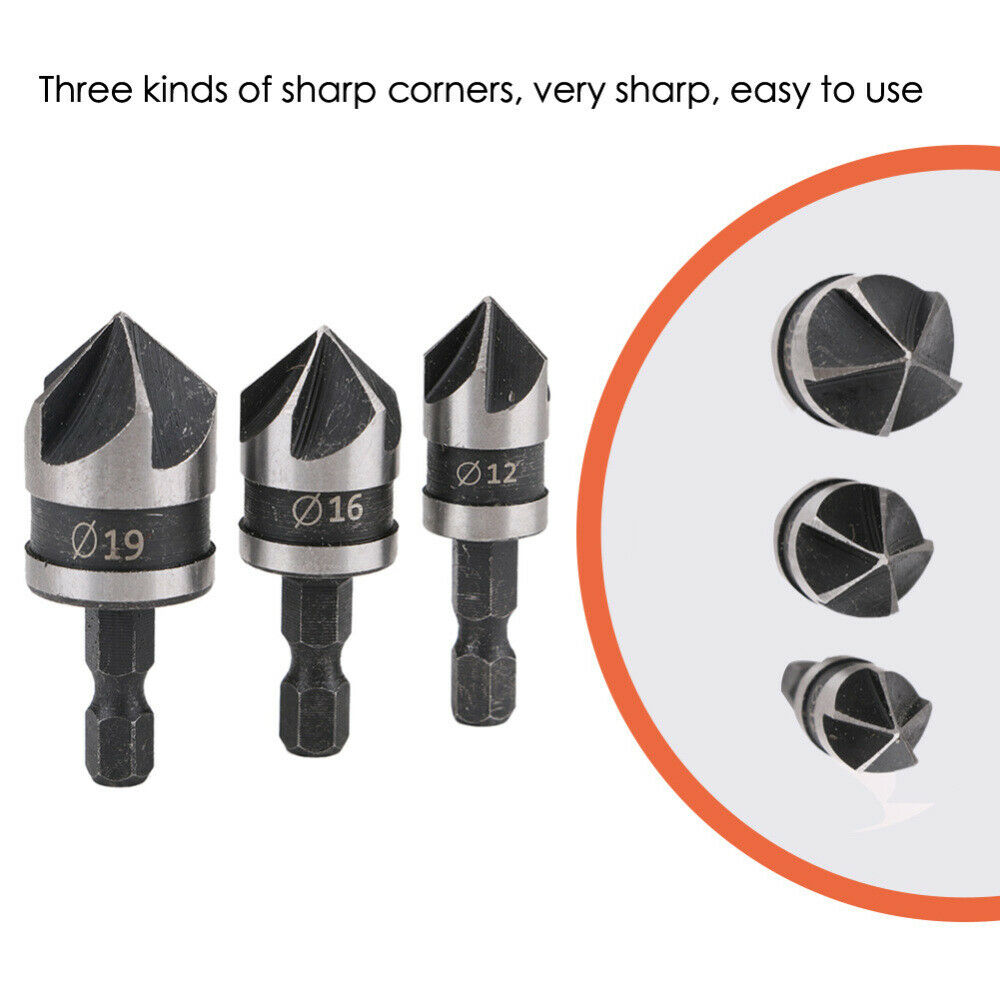 3Pcs Hex Countersink Boring Bore Quick Change Drill Bit Tool Set for W