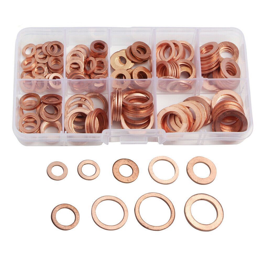 200pc Kit Assorted Solid Copper Crush Washers Seal Flat Ring Gasket Set Durable