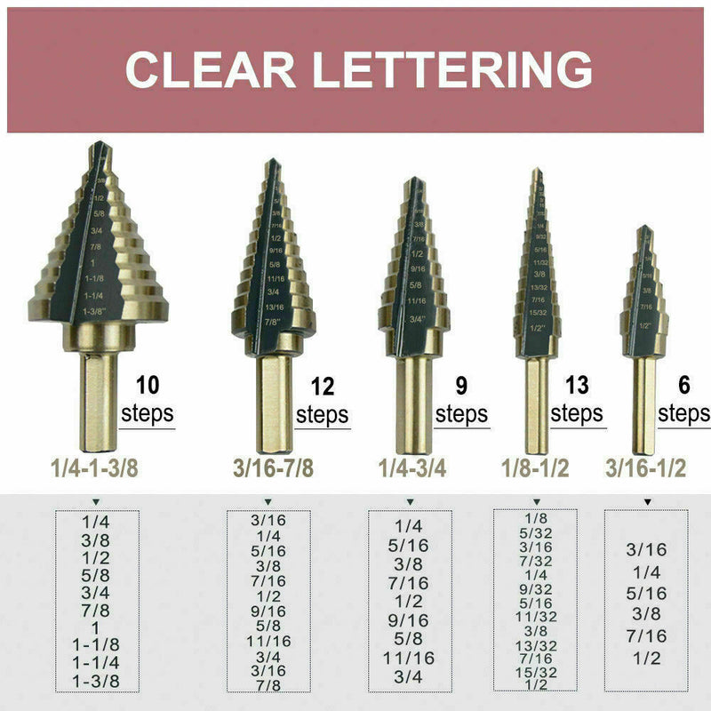 Free shipping- 5Pcs HSS Step Steel Cone Drill Hole Cutter Titanium Bits Set Kit + Aluminum Case