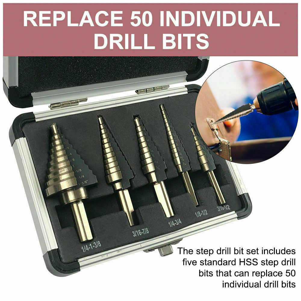 5Pcs HSS Step Steel Cone Drill Hole Cutter Titanium Bits Set Kit + Aluminum Case