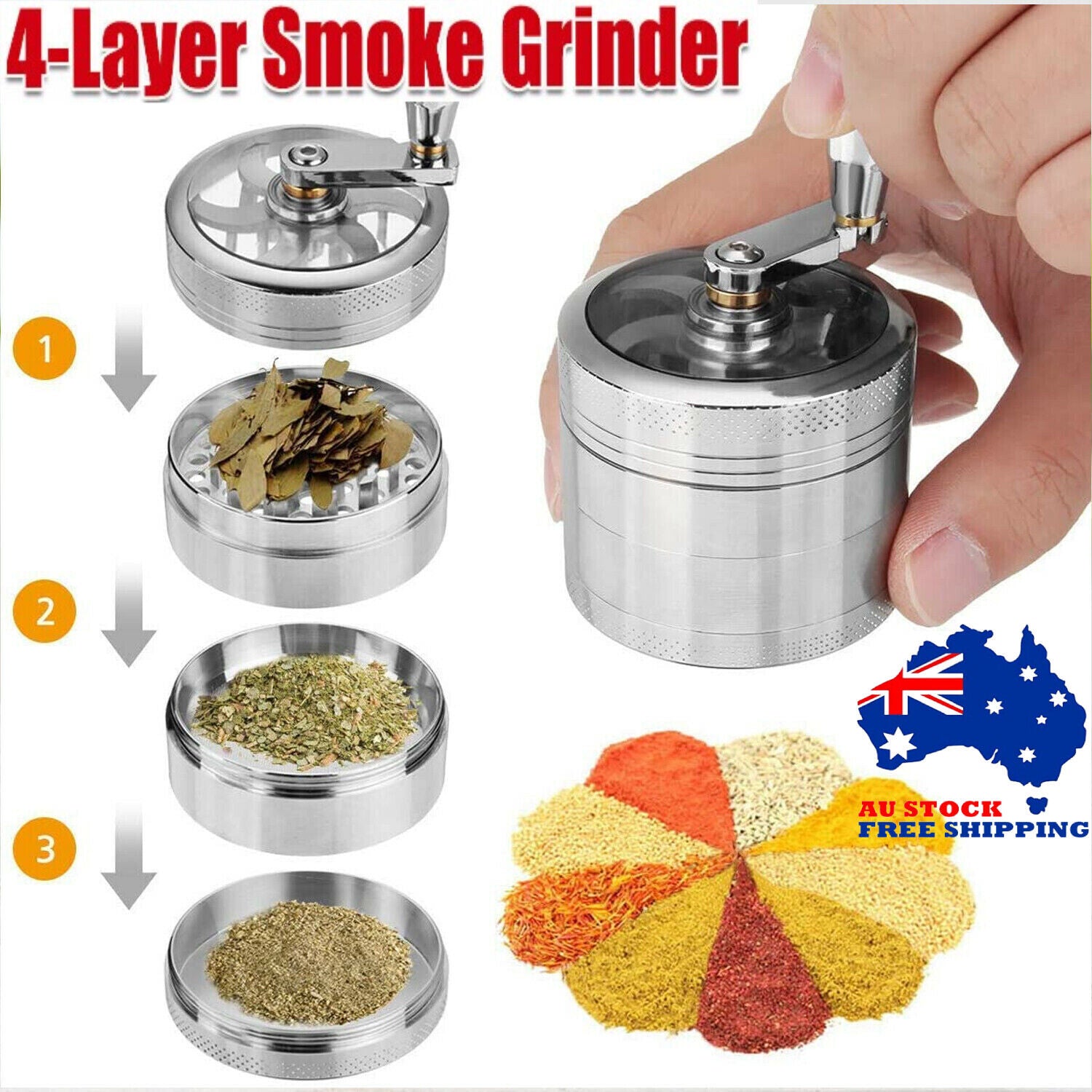 4Layer Smoke Grinder Aluminum Herb Grinders Hand Crank Herbal Tobacco