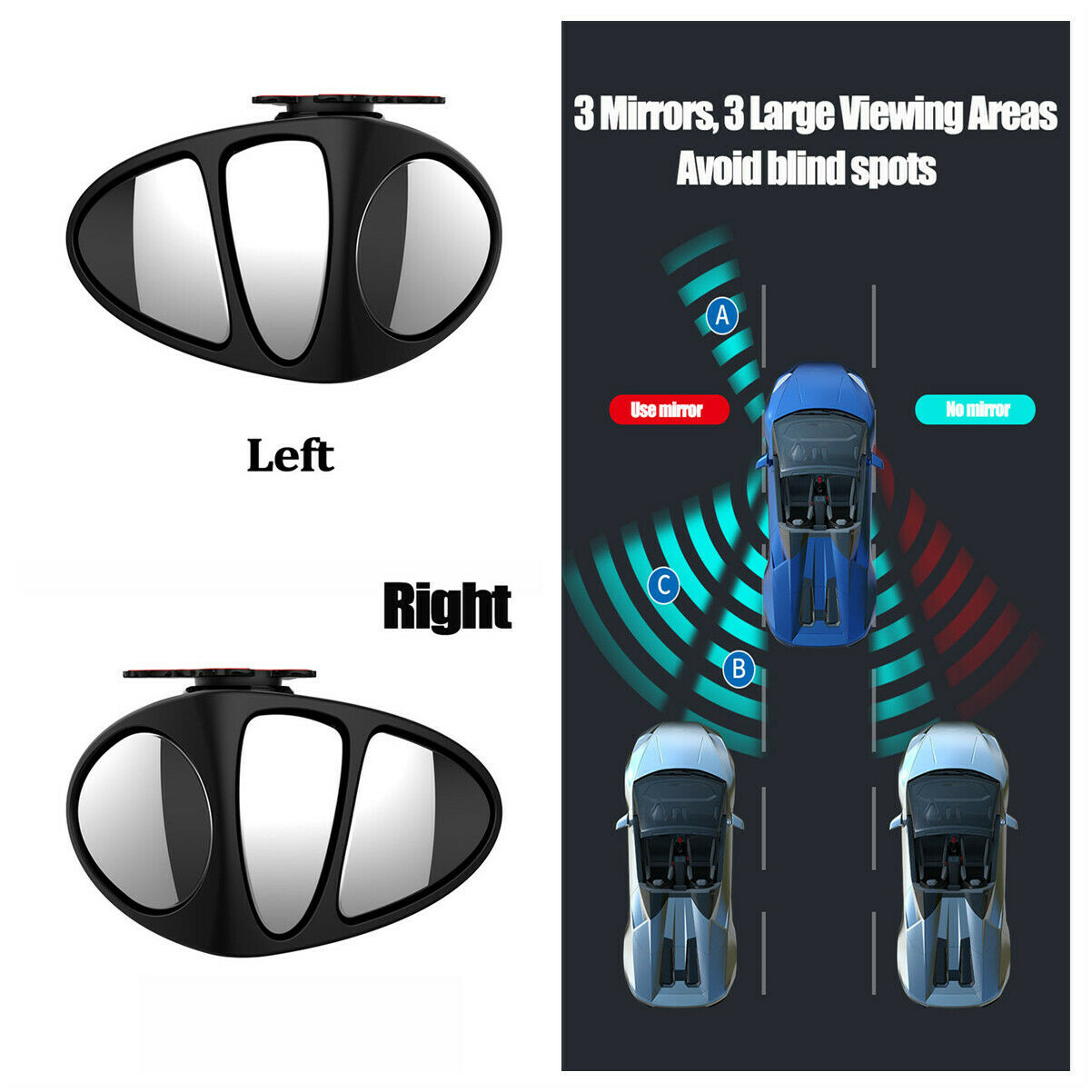 Car Blind Spot Mirrors Parking Aid Rear Side View Mirror 360° Wide Angle 3 Lens
