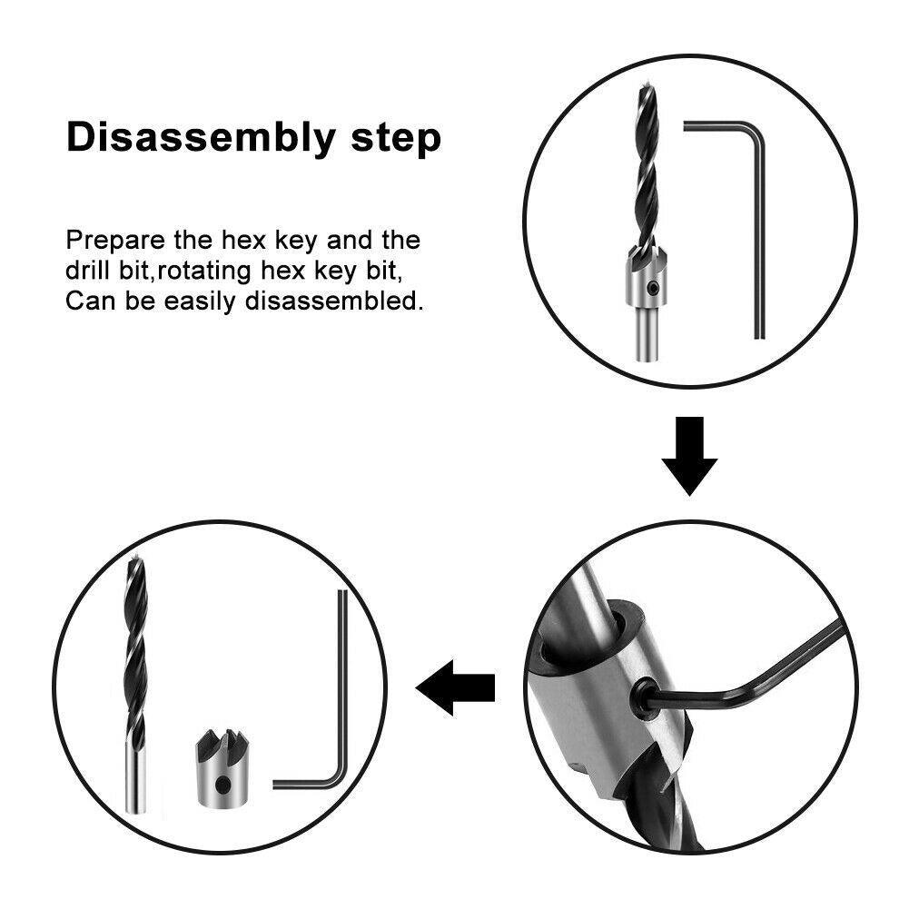 7pc Wood Countersunk Head Drill Bit Set Auger Countersink Screw Kit + 1 Hex Key