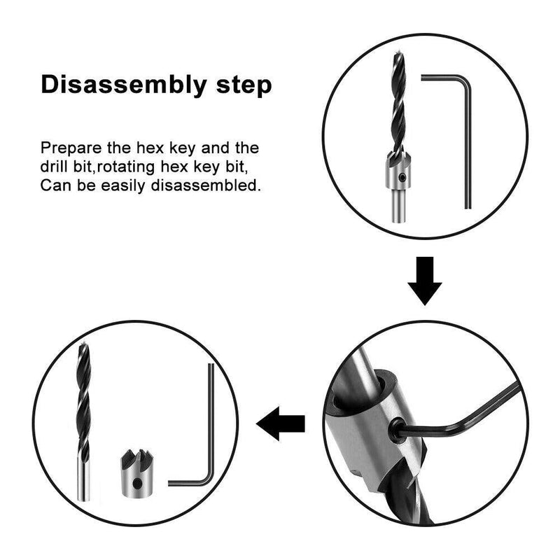 7pc Wood Countersunk Head Drill Bit Set Auger Countersink Screw Kit + 1 Hex Key