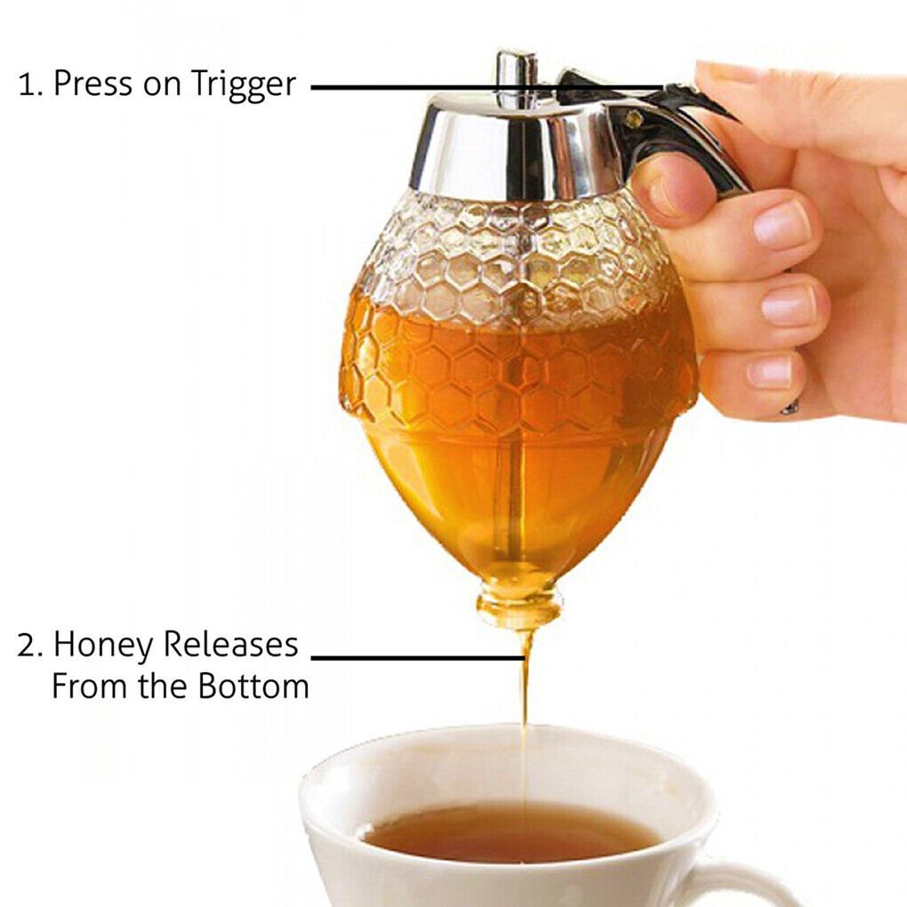 Retro Premium Honey Syrup Dispenser Pot Jar Bee Hive Trigger Stand Kitchen Tool