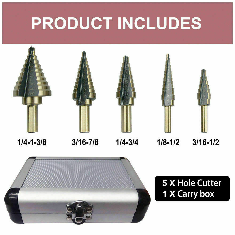 5Pcs HSS Step Steel Cone Drill Hole Cutter Titanium Bits Set Kit + Aluminum Case
