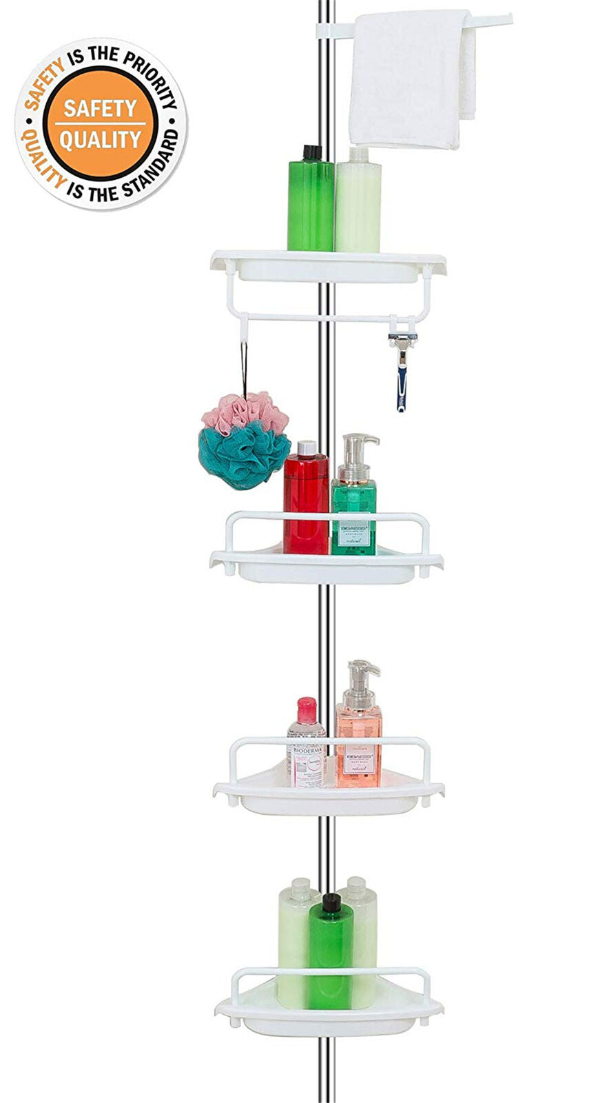 Telescopic Spring Tension Pole 4 Shelf Corner Bath Shower Rack Caddy Organiser