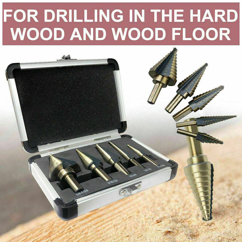 5Pcs HSS Step Steel Cone Drill Hole Cutter Titanium Bits Set Kit + Aluminum Case