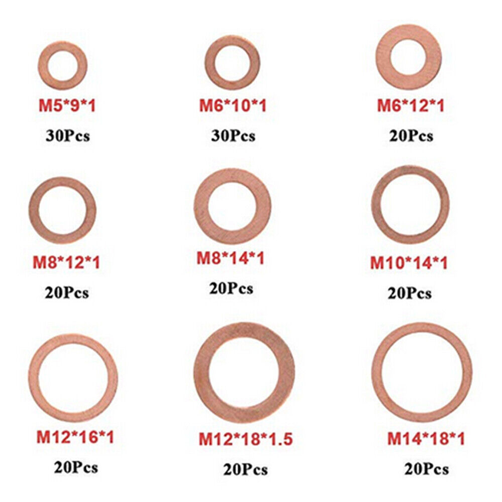 200pc Kit Assorted Solid Copper Crush Washers Seal Flat Ring Gasket Set Durable