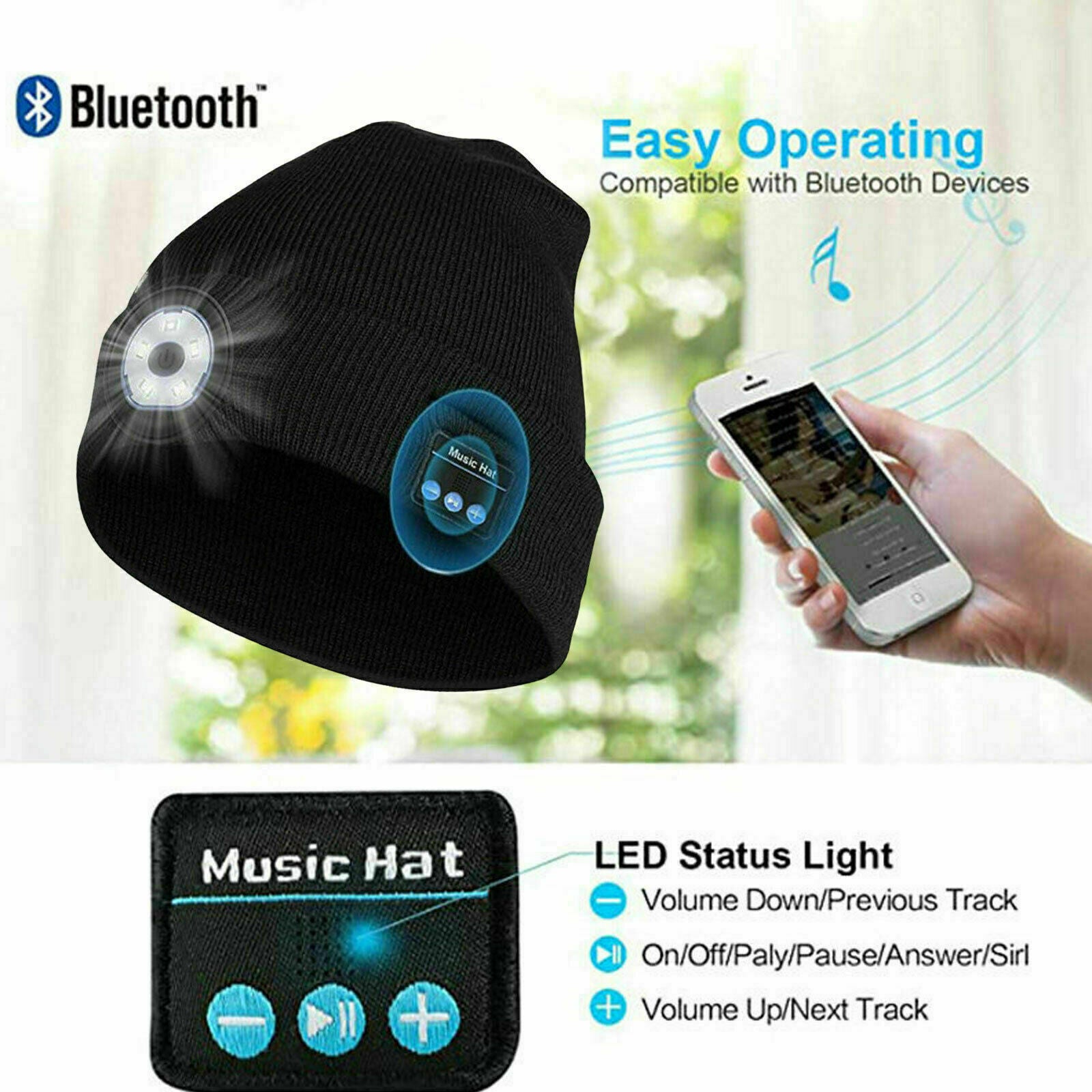 Bluetooth LED Beanie Hat with Music Speakers Light Rechargeable Warm