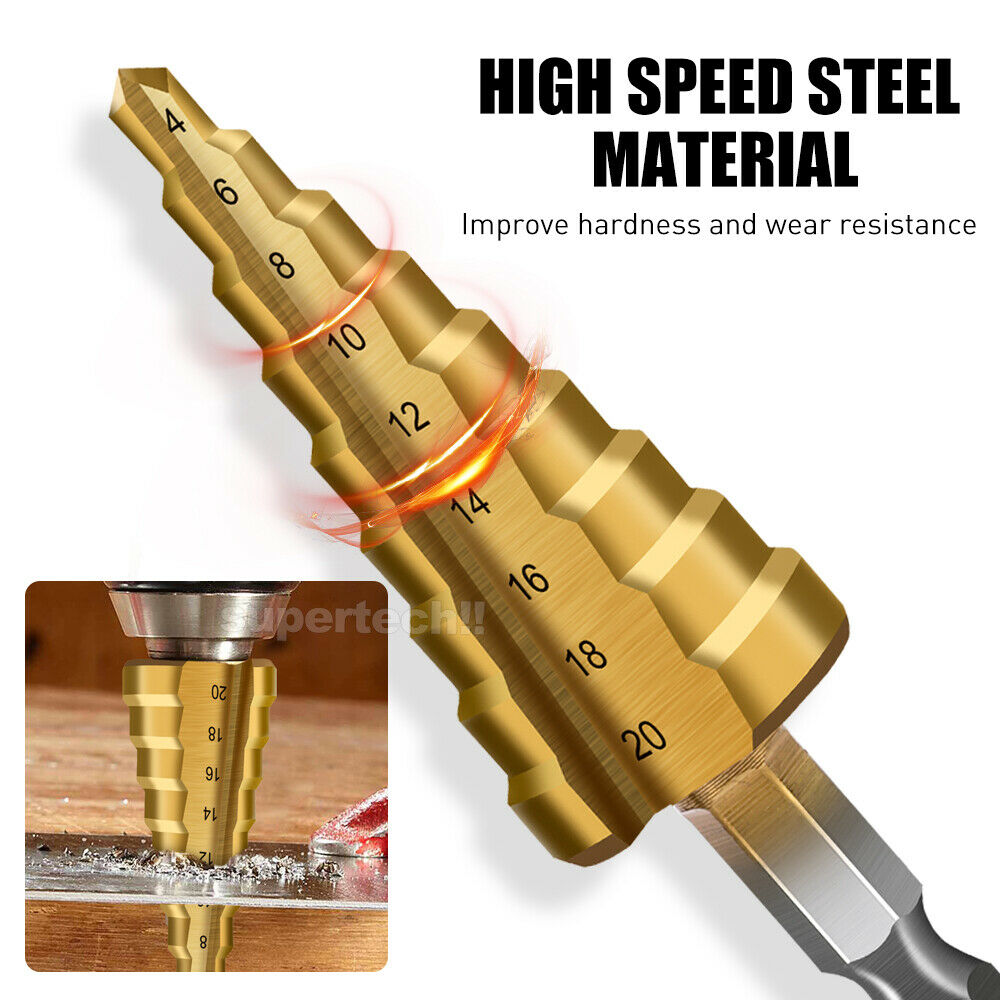 HSS 3pcs Steel Step Cone Drill Titanium Bit Set Hole Cutter 3/12mm 4-12/20mm