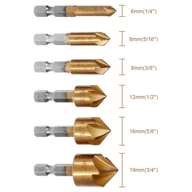 6Pcs 5 Flute 90° HSS Countersink Drill Bit 6-19mm Set Chamfer Cutter For Wood