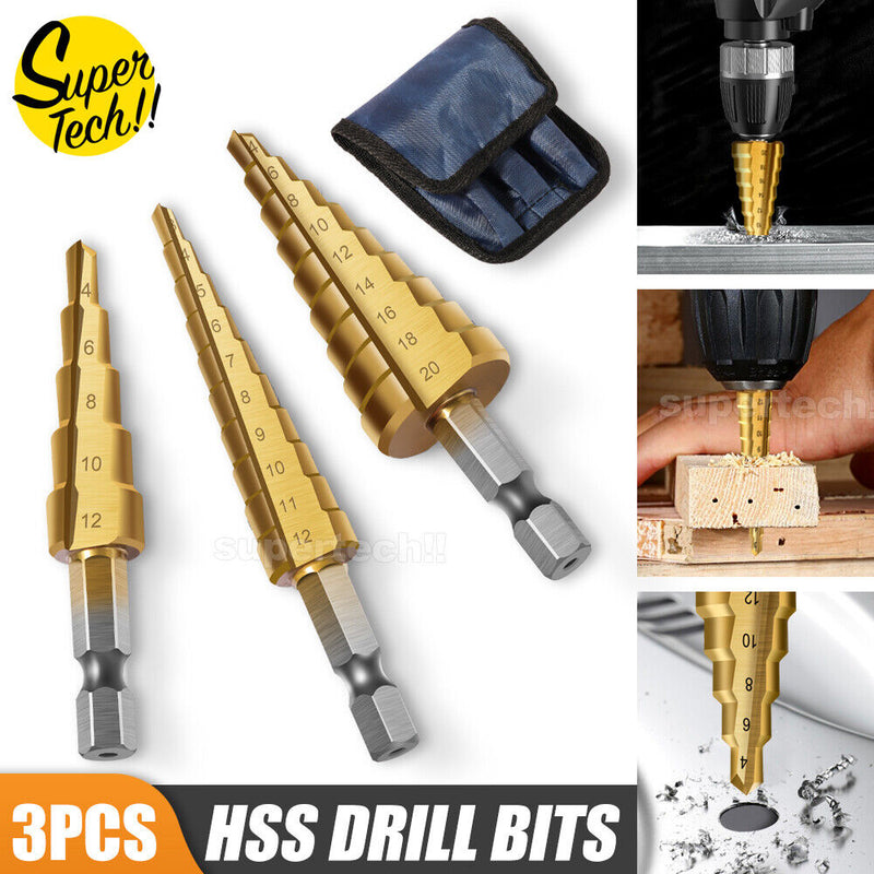 HSS 3pcs Steel Step Cone Drill Titanium Bit Set Hole Cutter 3/12mm 4-12/20mm