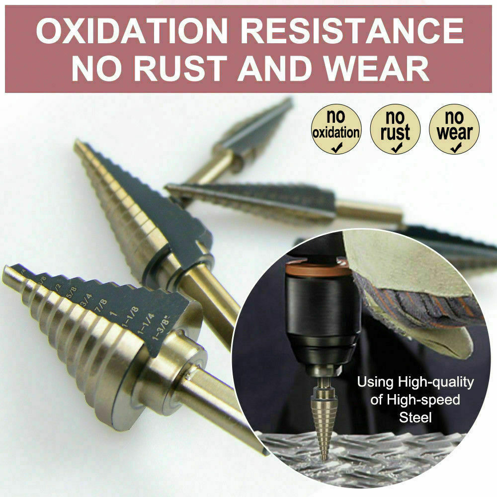 5Pcs HSS Step Steel Cone Drill Hole Cutter Titanium Bits Set Kit + Aluminum Case