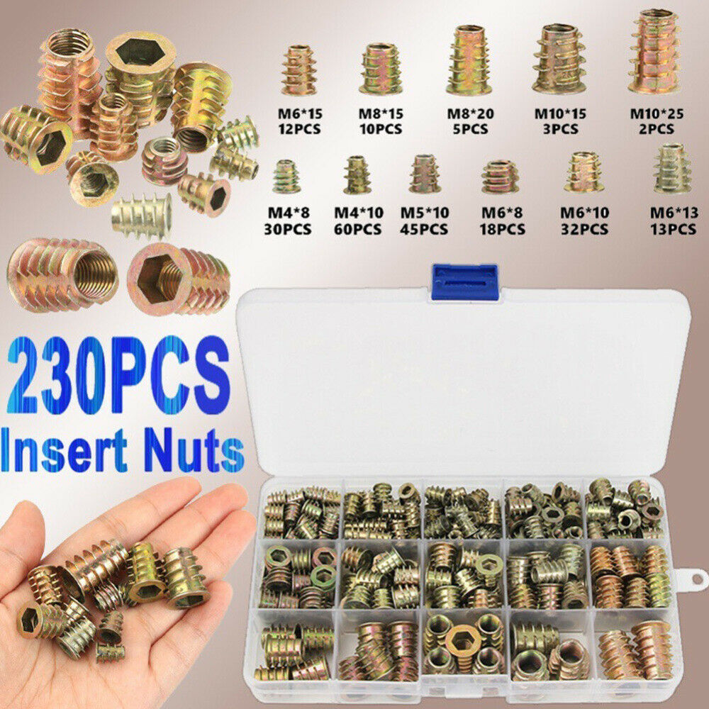 Free shipping- 230pcs Threaded Inserts Nuts Wood Insert Assortment Tool Kit M4-M10 Furniture