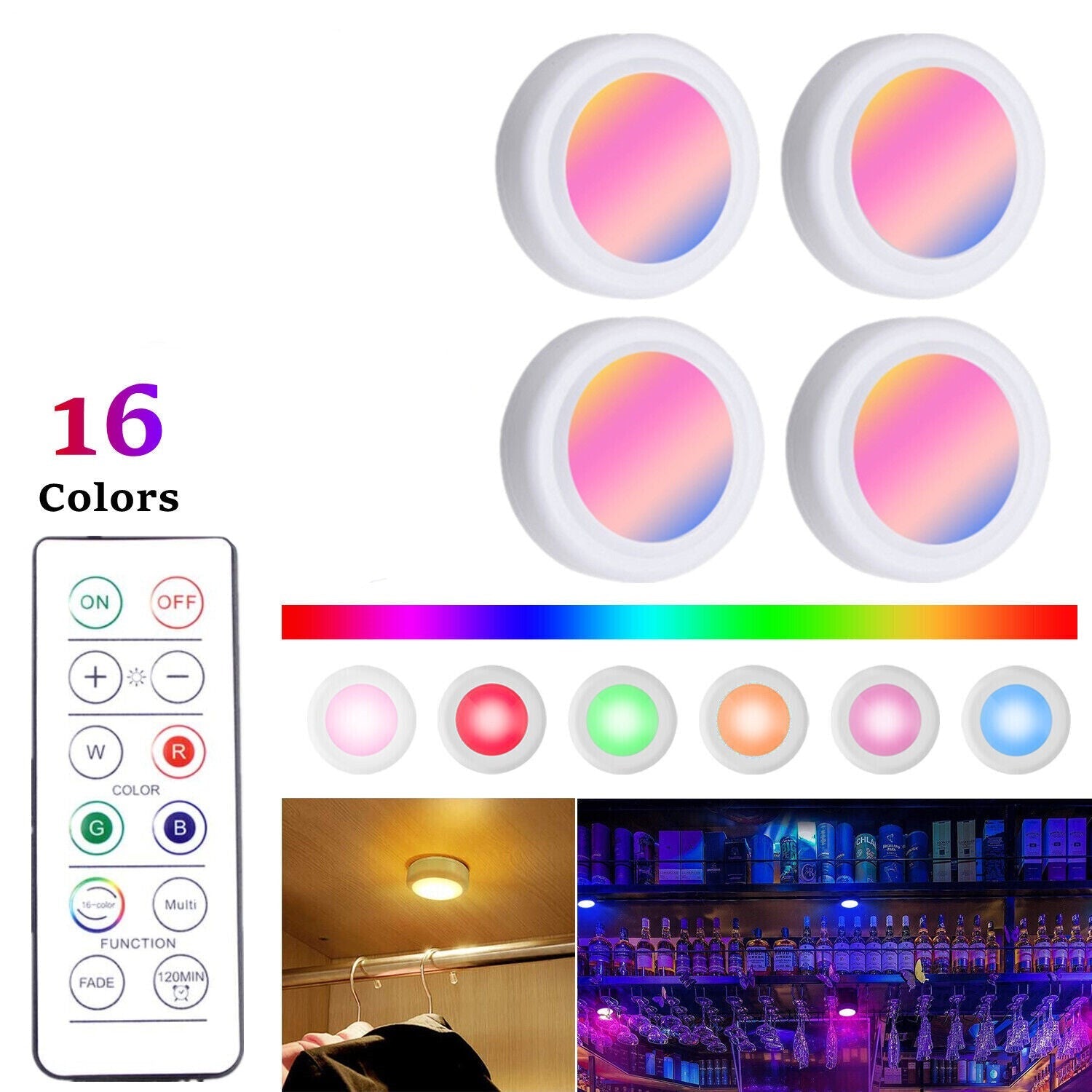 Wireless LED  Light 4 Pack Remote Control RGB 16 Color Changing Cabinet Closet
