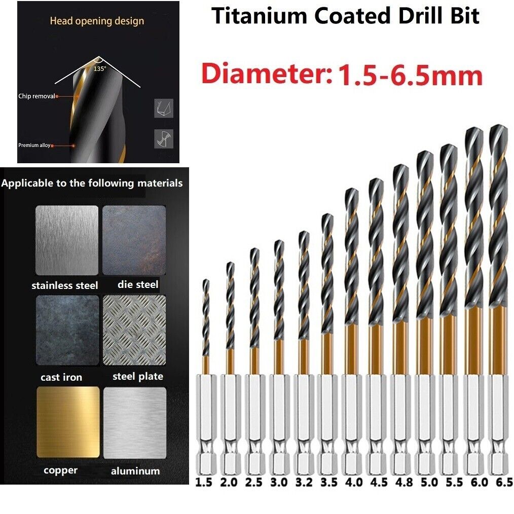 13PC Titanium Coated HSS 1/4" Hex Shank Twist Drill Bit Set for Metal Power Tool