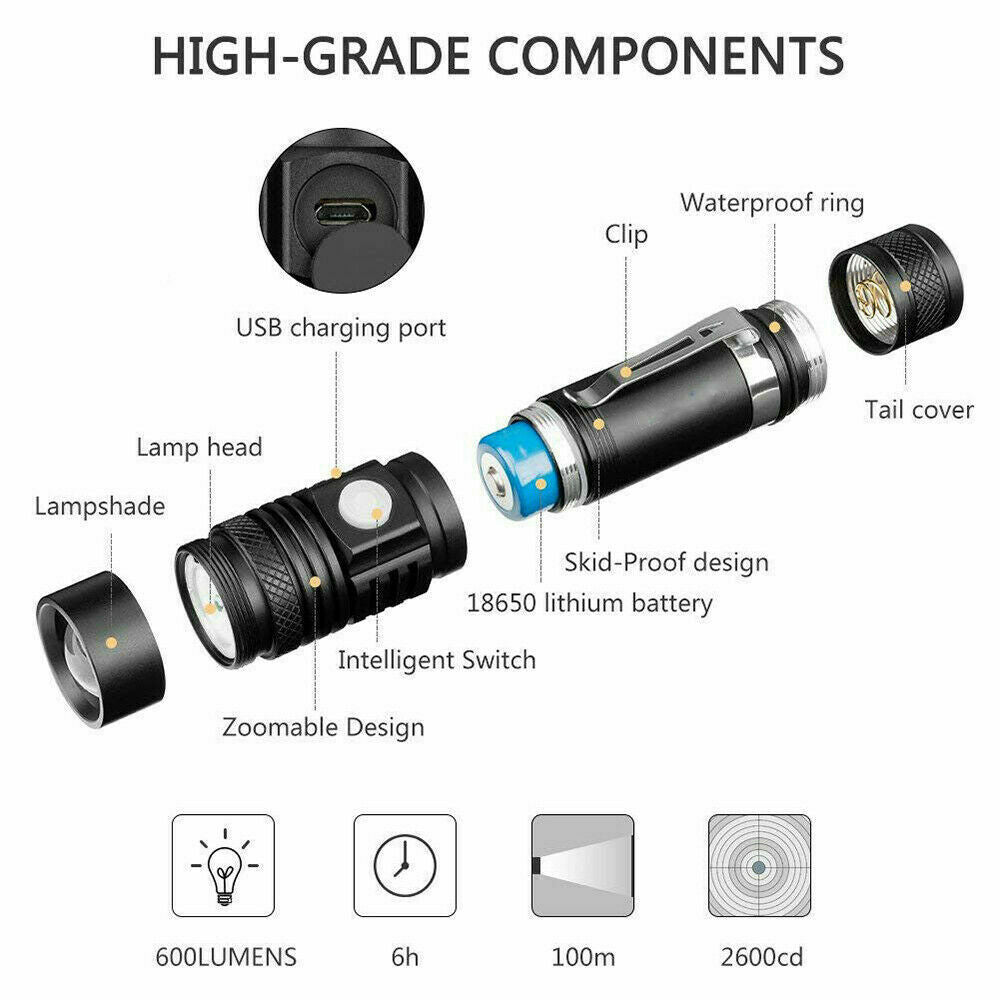 60000lm CREE XM-L Flashlight LED Torch USB Rechargeable