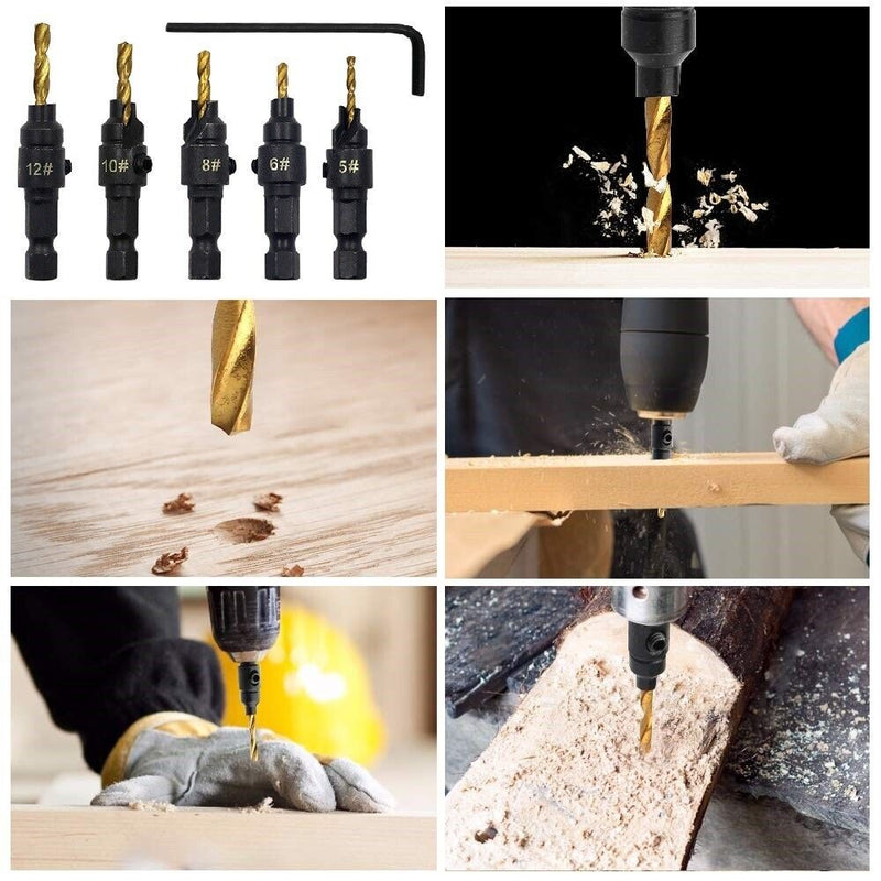 5pc Kit Hex Shank Drill&Countersink Bit Screw Wood Hole/Woodworking Reaming
