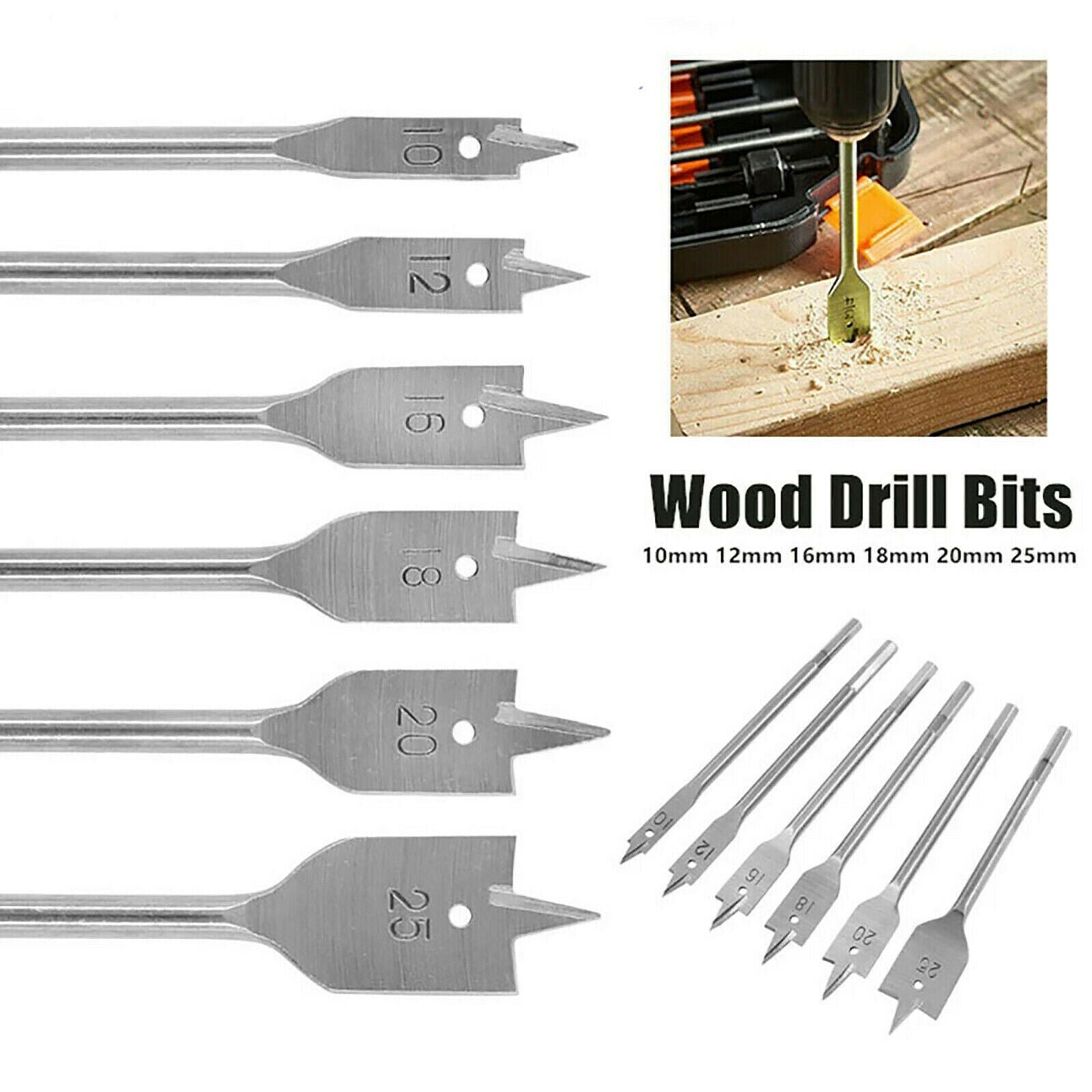 6PCS Flat Wood Boring Spade Drill Bit 10 12 16 18 20 25mm Bits Set 1/4" Shank